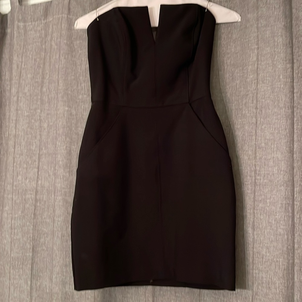 Women’s Bebe black strapless dress with belt, size 4